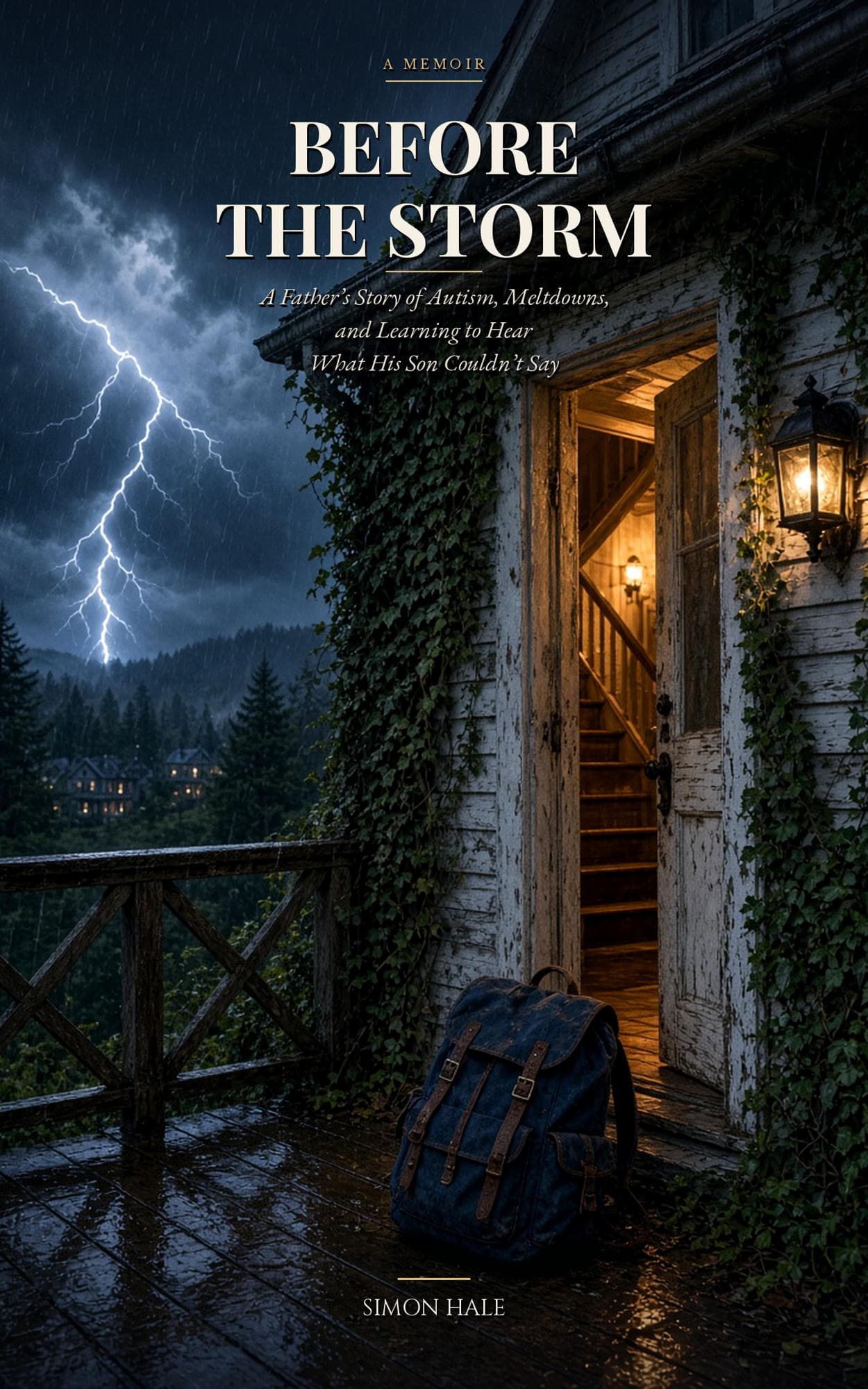 Before the Storm book cover — a memoir of autism parenting by Simon Hale: a child's backpack on a rain-soaked porch beside an open, lamp-lit front door.